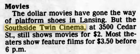 Southside Twin Cinema - 1990 Ad 2 Dollar Deal